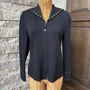 St John Sweater Women 4 Black Cardigan Full Zip Jacket Metallic Stud Trim